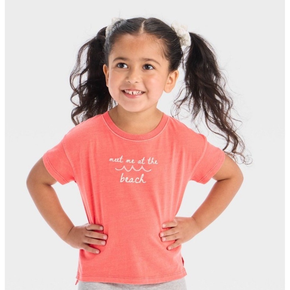 Cat & Jack Kids Meet Me At The Beach Graphic Summer Tee Coral Pink T-shirt 4T